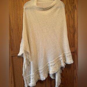 Cream Knit Fringe Poncho
